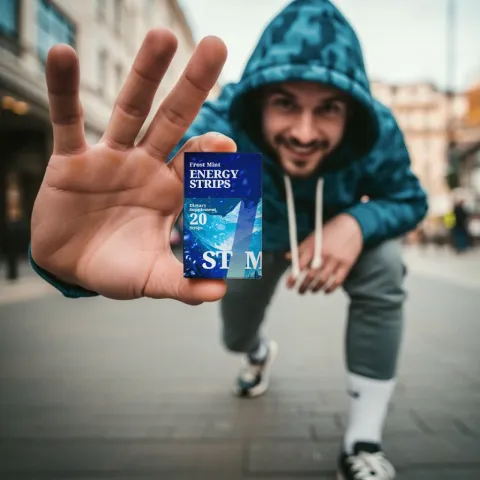 Image of a guy holding STIM Energy Strips